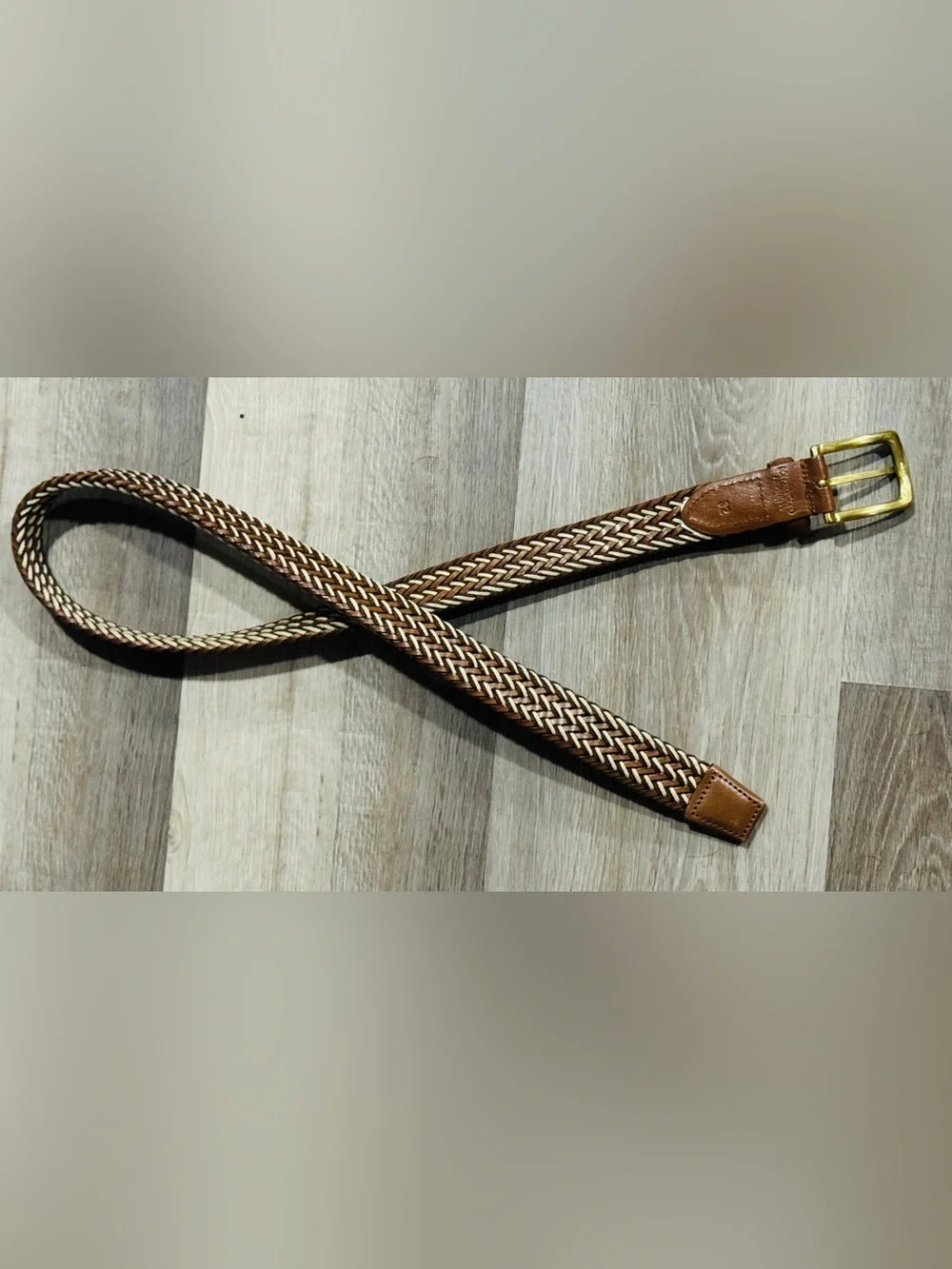 Braided Genuine Leather Belt Strap in Brown and Cream w/ Gold-toned Buckle Sz 32